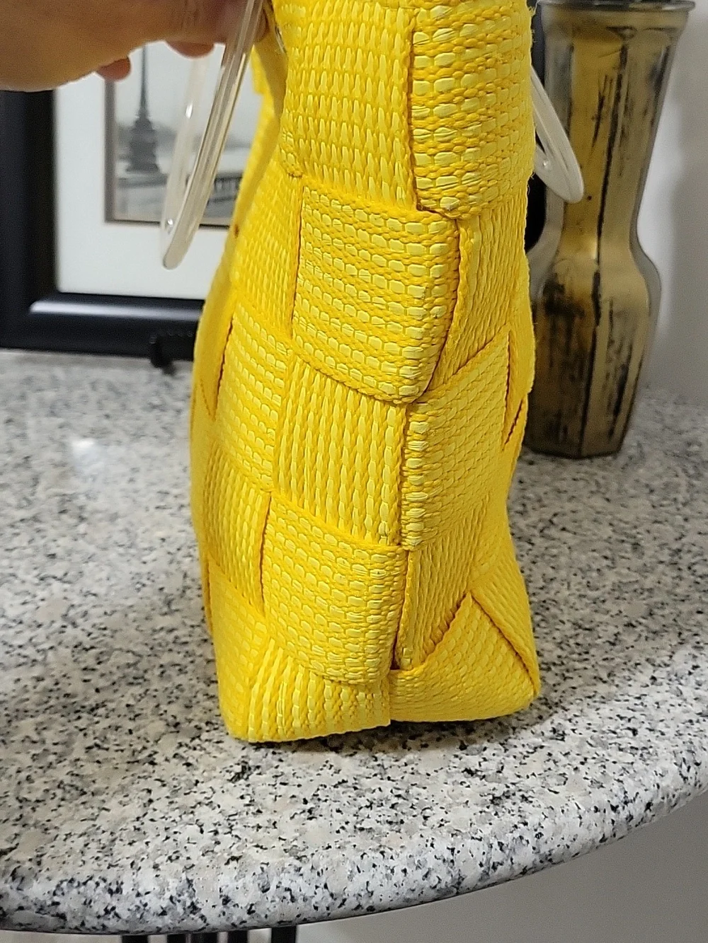 Yellow Woven Bag Lucite Handles Zippered Top Vintage Italian Alma Creazioni - Picture 4 of 16